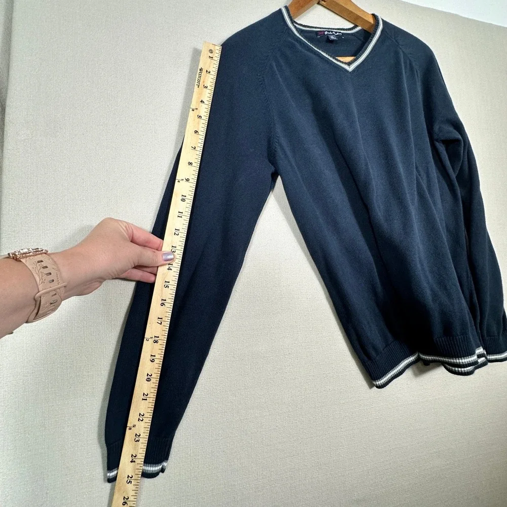 Brooks Brothers Sweater Mens XL Navy Blue V-Neck Cotton Tipped Trim Pullover